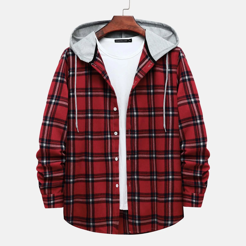 Men's Lightweight Hooded Plaid Flannel Jacket - Casual Button Down Shirt for Fall & Winter - Red Size L