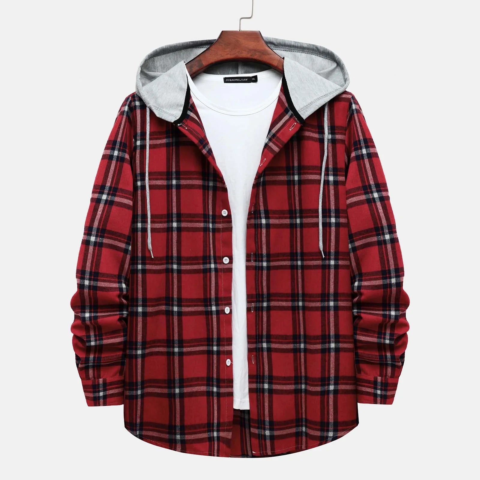 Men's Lightweight Hooded Plaid Flannel Jacket - Casual Button Down Shirt for Fall & Winter - Red Size L