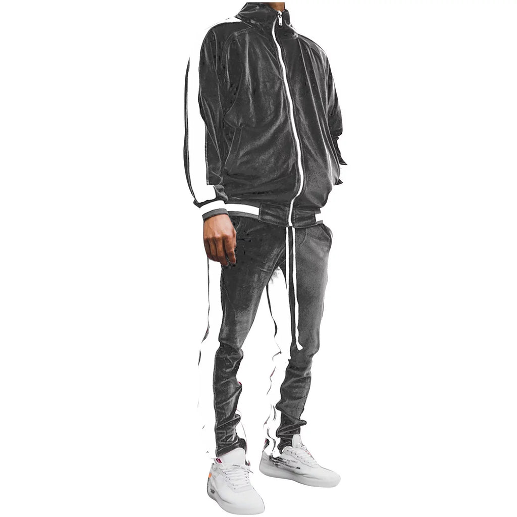 2023 Men's Velour Tracksuit - Stylish & Warm 2-Piece Full Zip Jacket & Sweatpants Set for Fitness and Sports