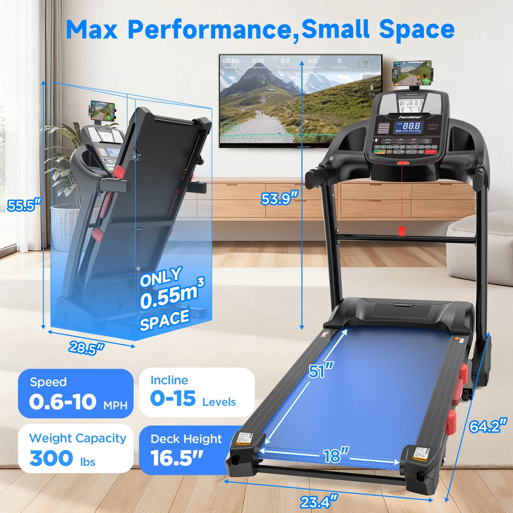 Powerful 5.0HP Folding Treadmill - 15% Auto Incline, Smart APP Control, Bluetooth Speakers, 300Lbs Capacity, 64 Workout Programs, 10MPH Speed, Space-Saving Design - Bonus Knee Strap Included!