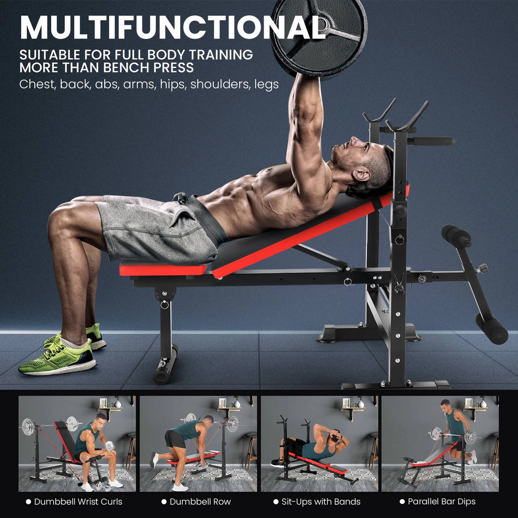 Versatile 6-in-1 Adjustable Weight Bench Set with Barbell Rack and Resistance Bands for Ultimate Home Gym Workouts