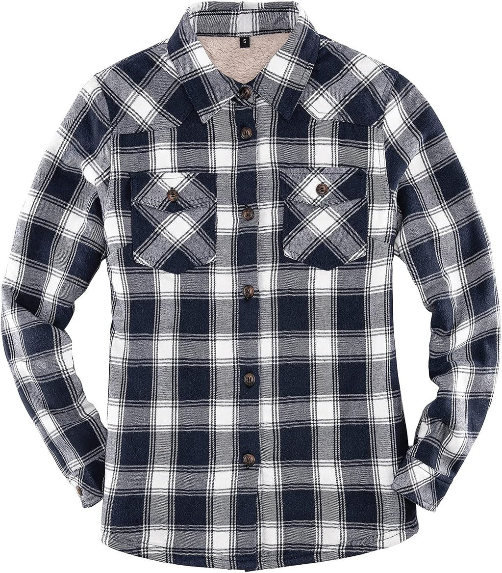 Cozy Women's Sherpa Lined Flannel Jacket with Hand Pockets - Stylish Plaid Button Down Fuzzy Shirt Jacket