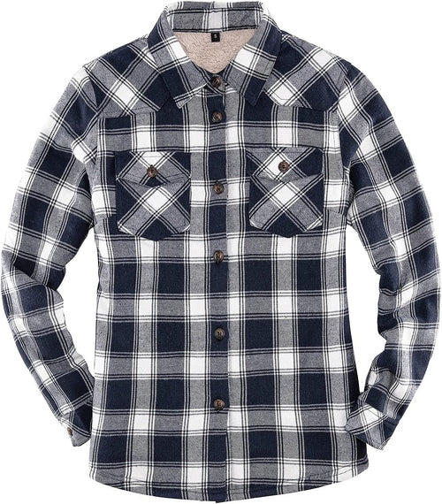 Cozy Women's Sherpa Lined Flannel Jacket with Hand Pockets - Stylish Plaid Button Down Fuzzy Shirt Jacket