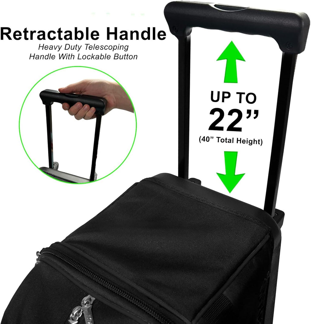Prime Double Roller Bowling Bag - Holds 2 Balls & Extra Large Compartment for Shoes (Up to Men's Size 16) - Locking Handle Extends to 40