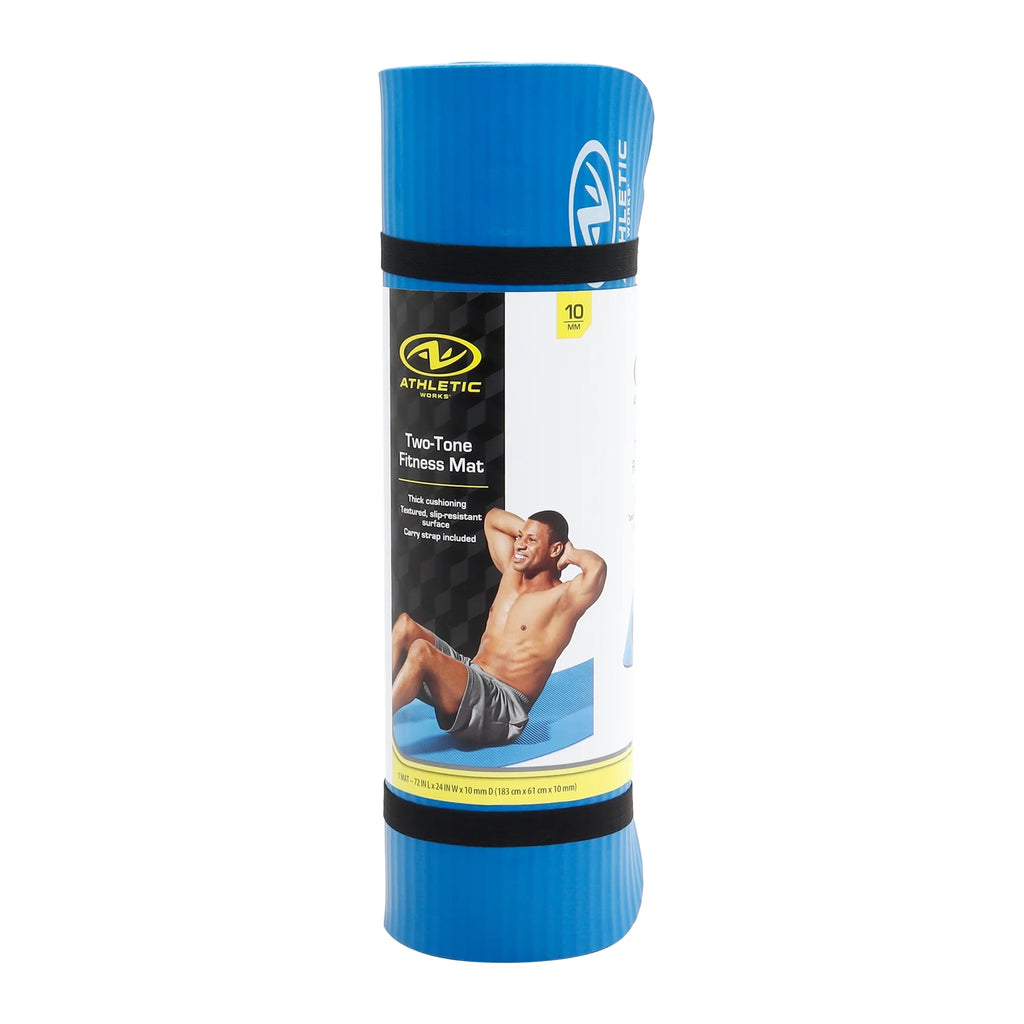 Two Tone 10mm NBR Foam Fitness Mat - 72"x24" with Carry Strap - Blue