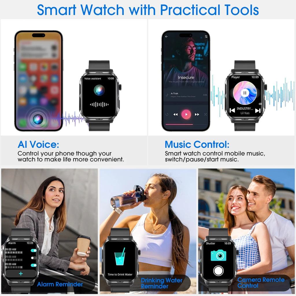 Stylish IP68 Waterproof Smart Watch for Men & Women - Bluetooth Calling, Make & Receive Calls - Sleek Black Design