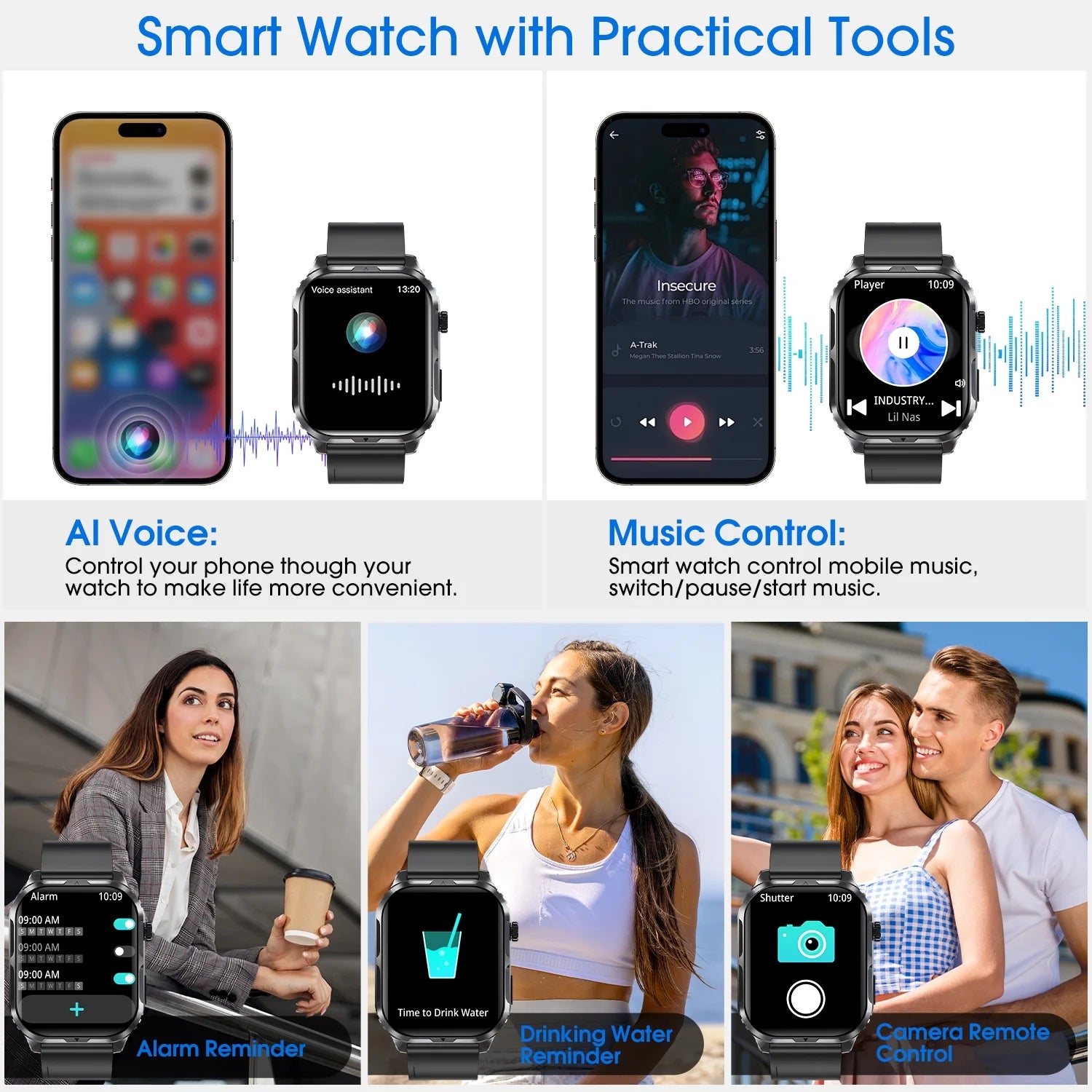 Stylish IP68 Waterproof Smart Watch for Men & Women - Bluetooth Calling, Make & Receive Calls - Sleek Black Design