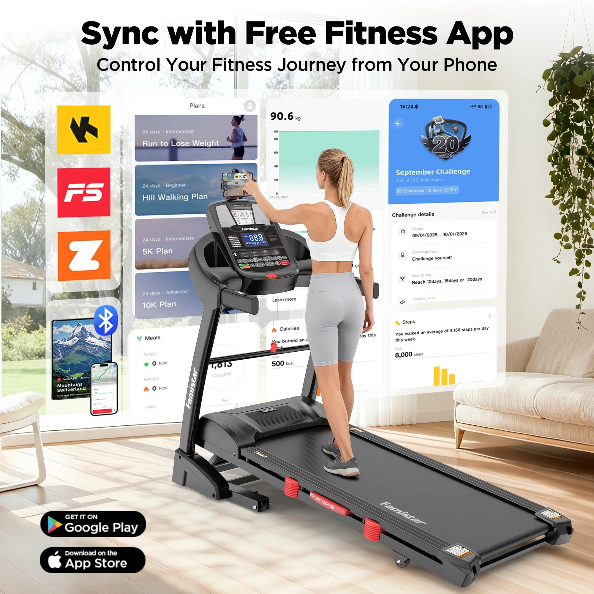 Powerful 5.0HP Folding Treadmill - 15% Auto Incline, Smart APP Control, Bluetooth Speakers, 300Lbs Capacity, 64 Workout Programs, 10MPH Speed, Space-Saving Design - Bonus Knee Strap Included!