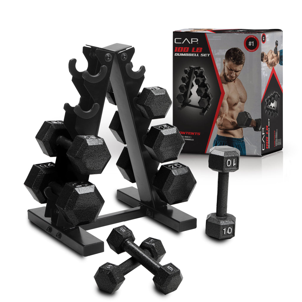 Ultimate 100 lb Cast Iron Hex Dumbbell Weight Set with Convenient Rack - Black Finish