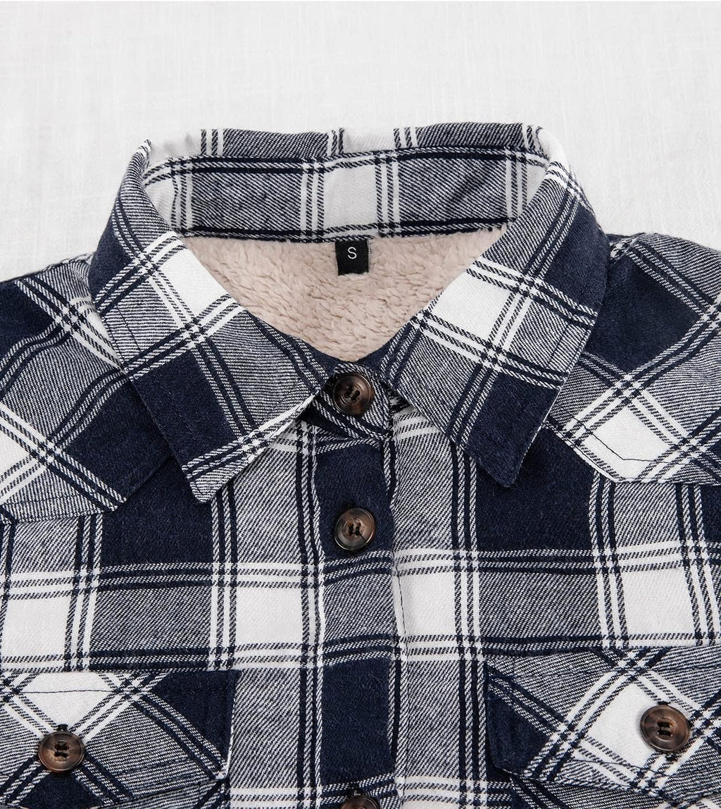Cozy Women's Sherpa Lined Flannel Jacket with Hand Pockets - Stylish Plaid Button Down Fuzzy Shirt Jacket