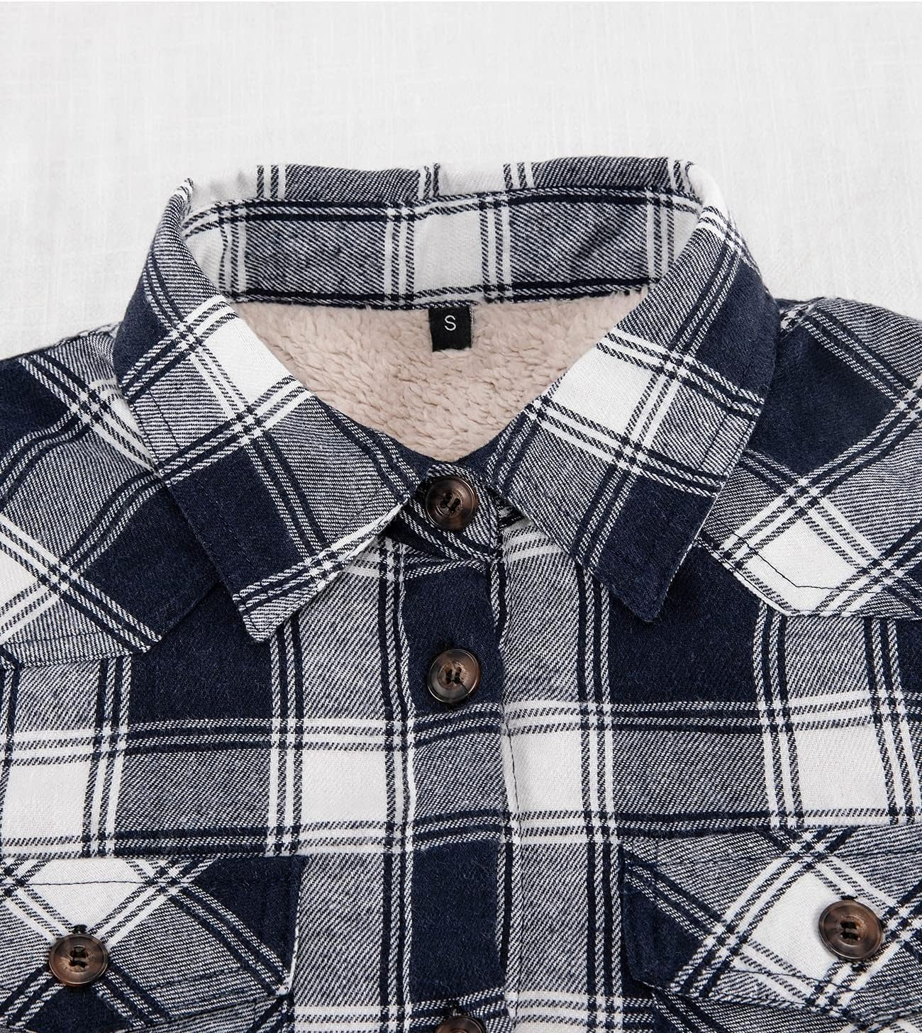 Cozy Women's Sherpa Lined Flannel Jacket with Hand Pockets - Stylish Plaid Button Down Fuzzy Shirt Jacket