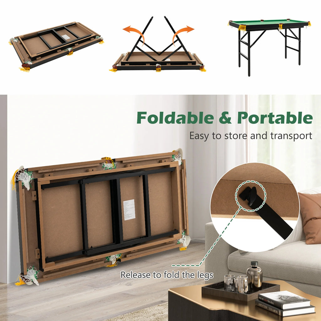 47" Folding Pool Table for Kids - Complete Set with Cues, Brush, and Chalk in Vibrant Green