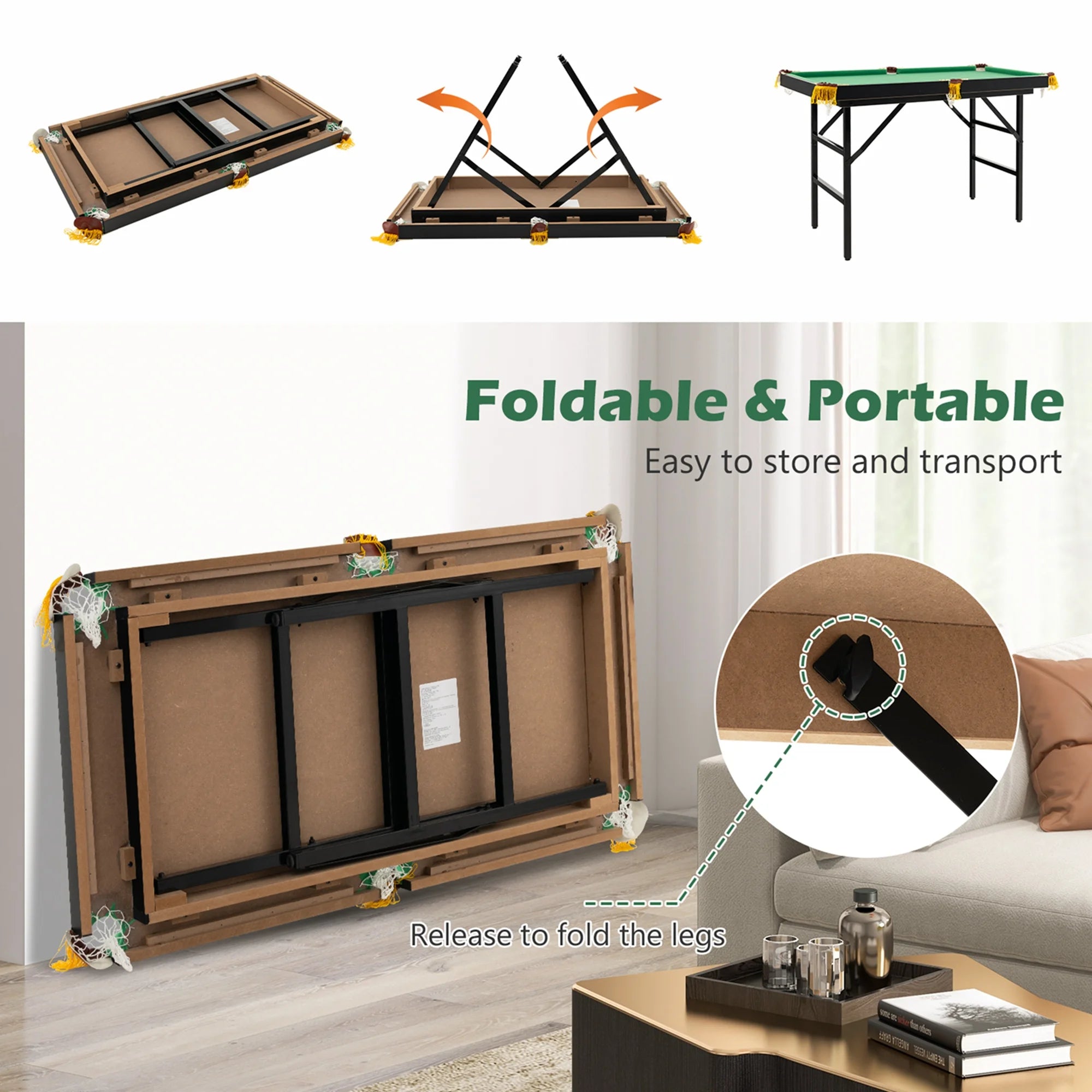 47" Folding Pool Table for Kids - Complete Set with Cues, Brush, and Chalk in Vibrant Green