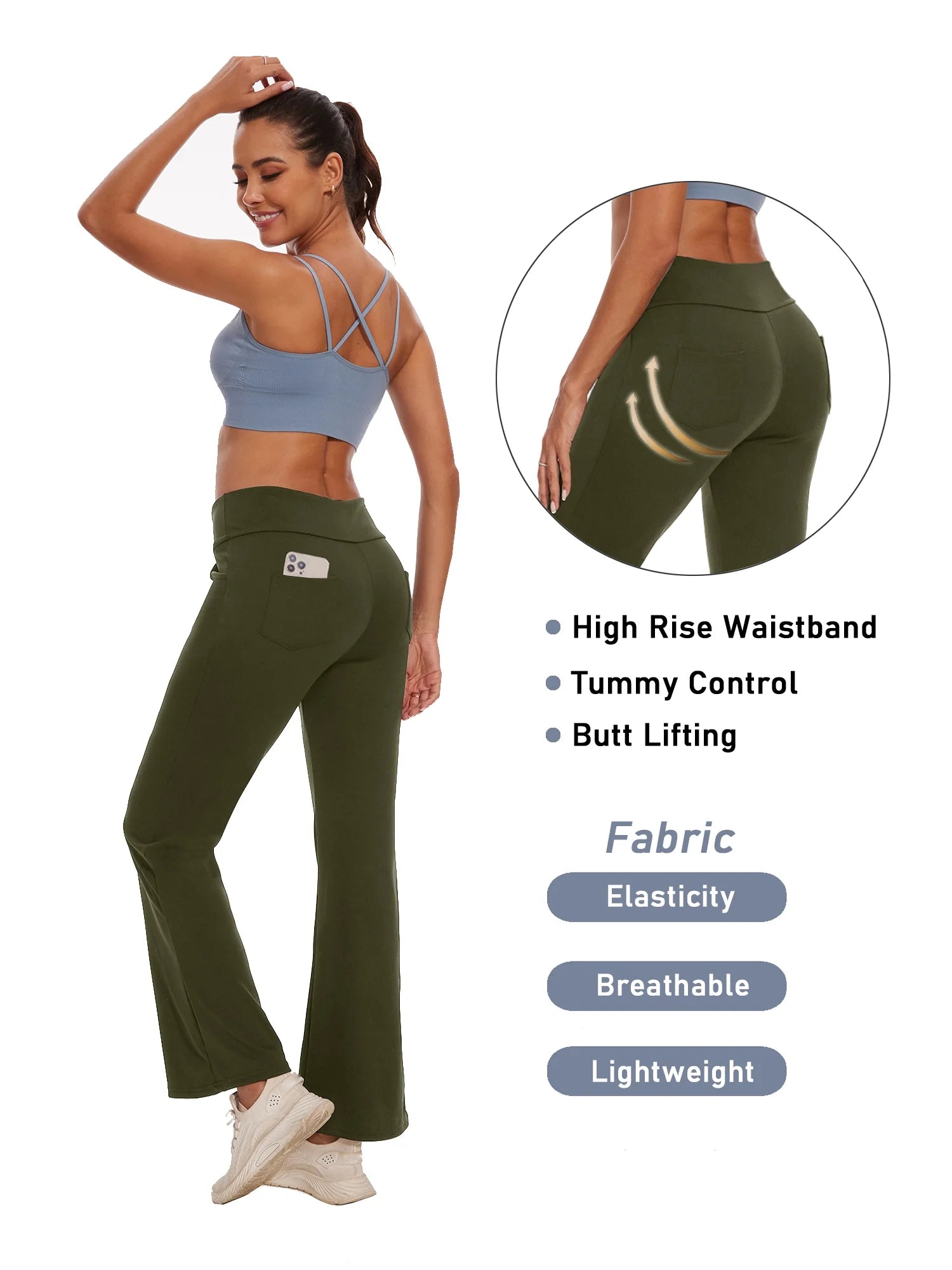 Flare Bootcut Yoga Pants for Women with Pockets - High Waist Lightweight Activewear in Green, 2XL
