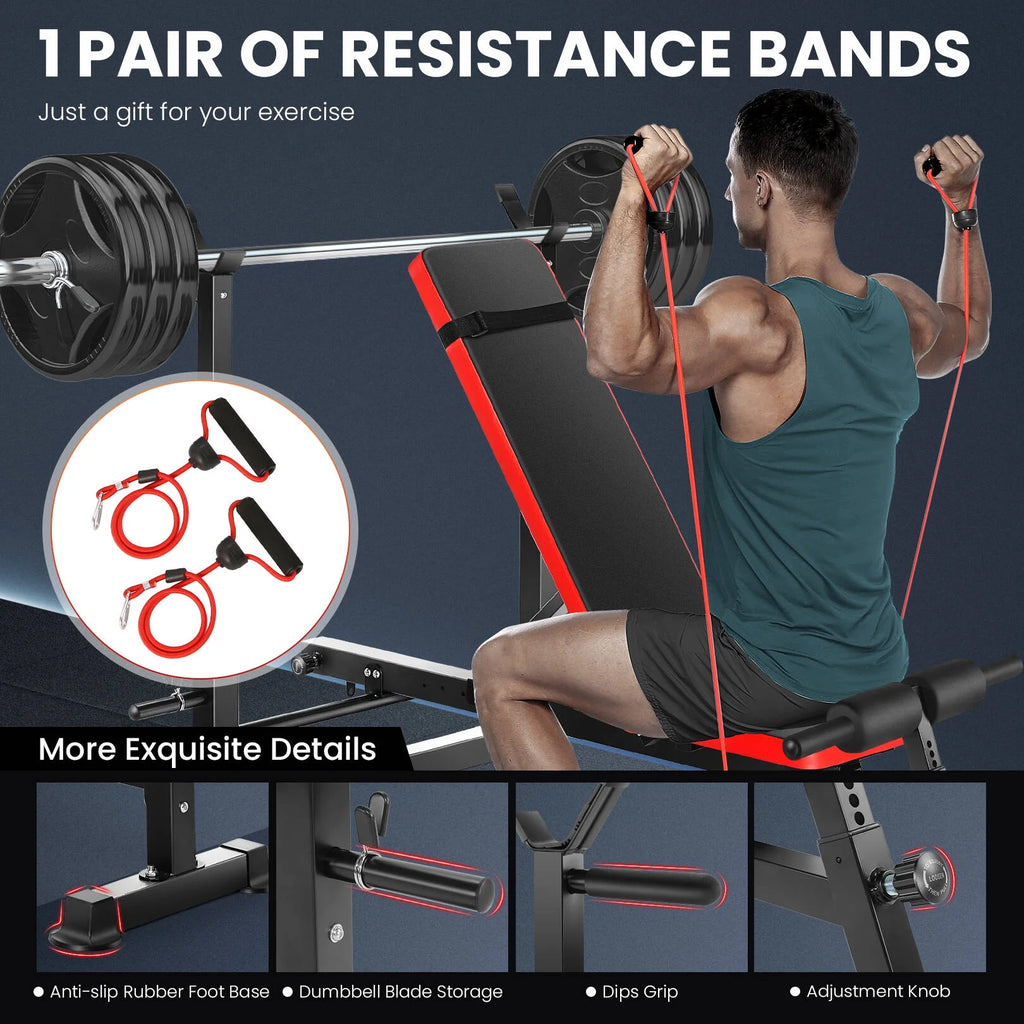 Versatile 6-in-1 Adjustable Weight Bench Set with Barbell Rack and Resistance Bands for Ultimate Home Gym Workouts