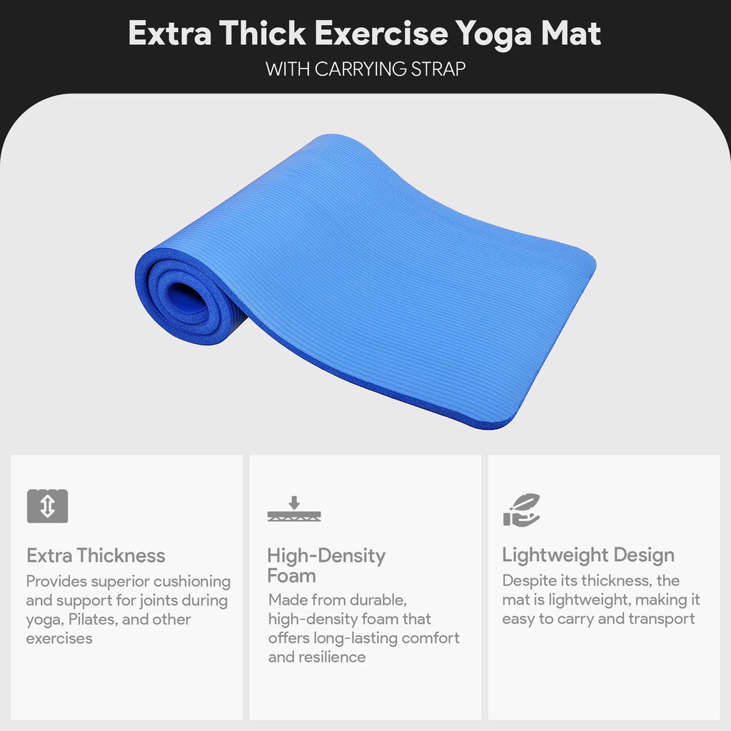 Premium 1-Inch Extra Thick High Density Anti-Tear Yoga Mat with Convenient Carrying Strap - Blue