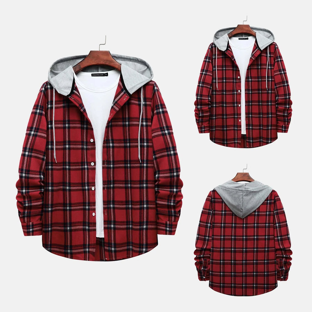 Men's Lightweight Hooded Plaid Flannel Jacket - Casual Button Down Shirt for Fall & Winter - Red Size L