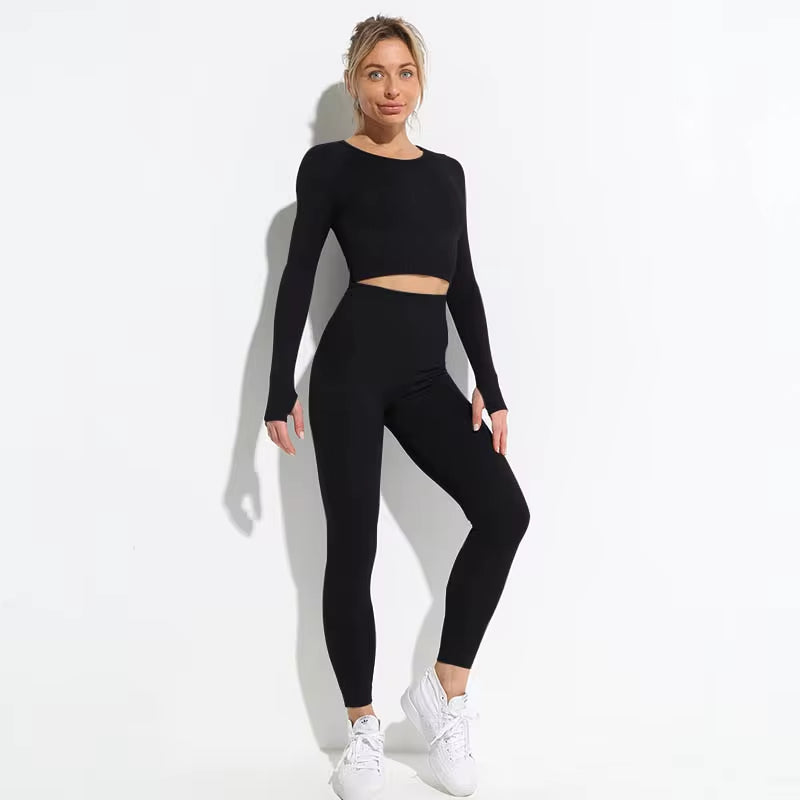 Elevate Your Workout: 2-Piece Seamless Hyperflex Women’s Athletic Set with Long Sleeve Crop Top and High Waist Leggings