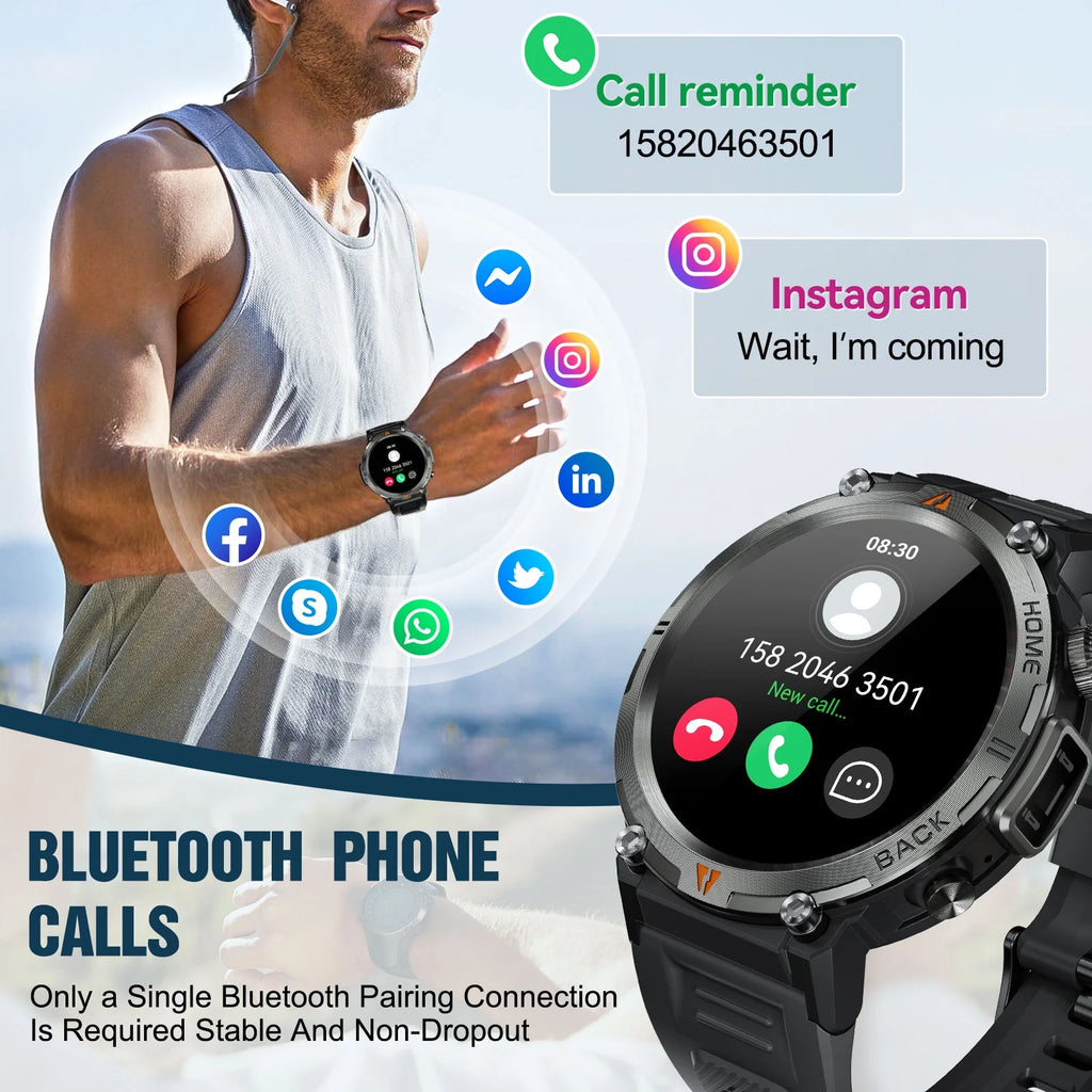 Rugged Smart Watch with Bluetooth - 1.45 Inch Display & Durable Black Sport Band
