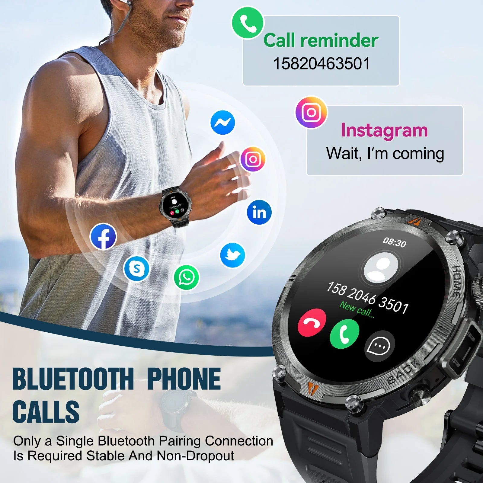 Rugged Smart Watch with Bluetooth - 1.45 Inch Display & Durable Black Sport Band