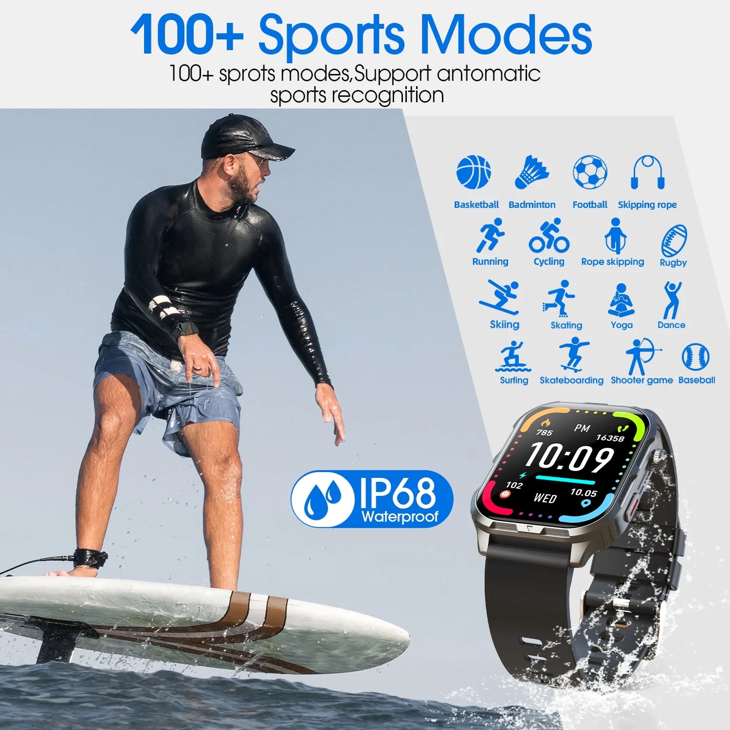 Stylish IP68 Waterproof Smart Watch for Men & Women - Bluetooth Calling, Make & Receive Calls - Sleek Black Design
