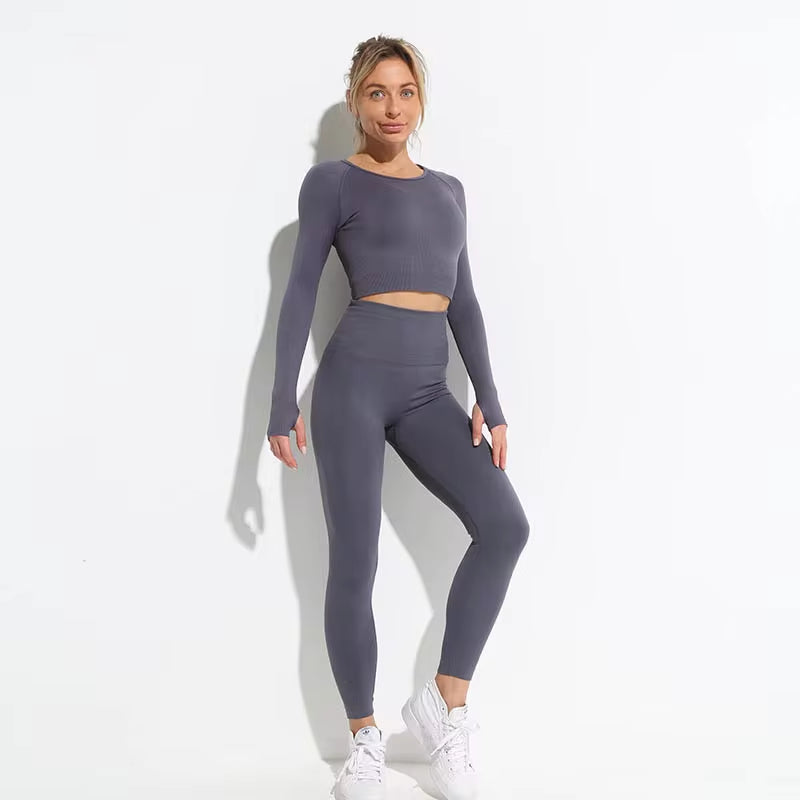 Elevate Your Workout: 2-Piece Seamless Hyperflex Women’s Athletic Set with Long Sleeve Crop Top and High Waist Leggings