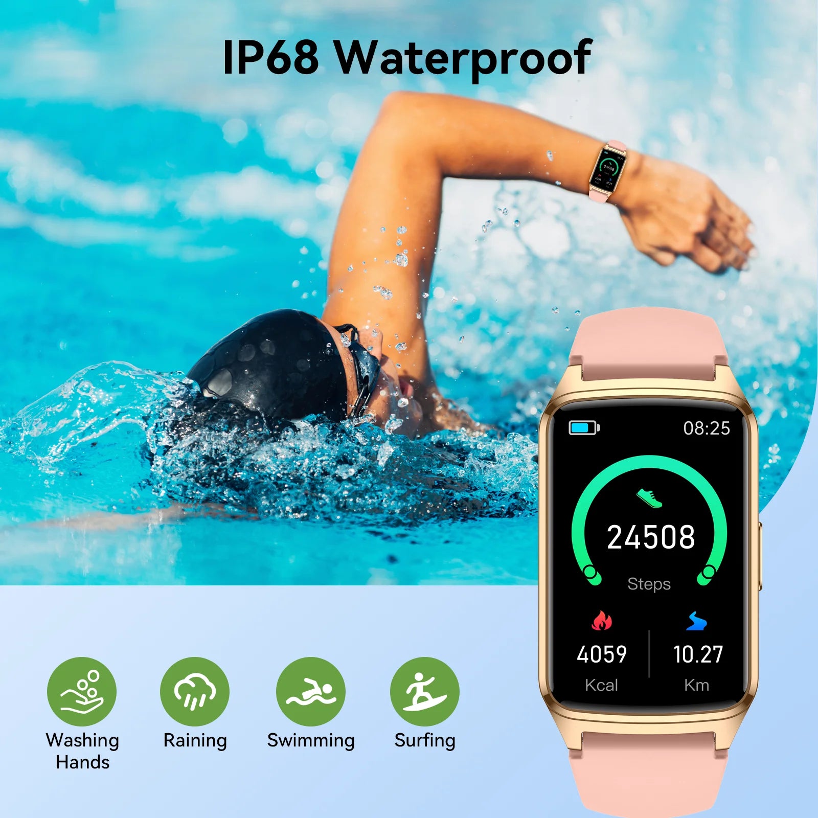Stylish Fitness Tracker Smart Watch for Men & Women - Answer Calls, 100+ Sports Modes, IP68 Waterproof, Compatible with Android & iPhone - Pink