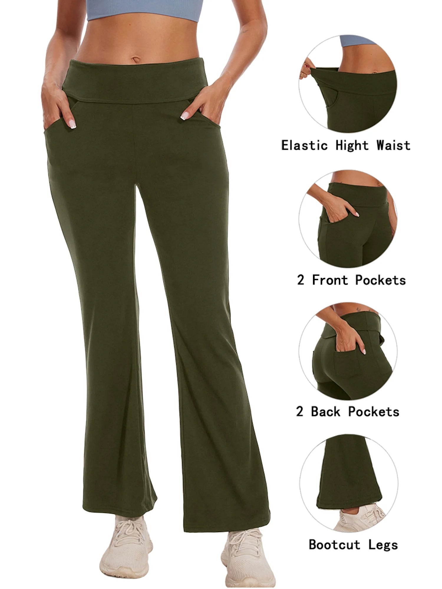 Flare Bootcut Yoga Pants for Women with Pockets - High Waist Lightweight Activewear in Green, 2XL