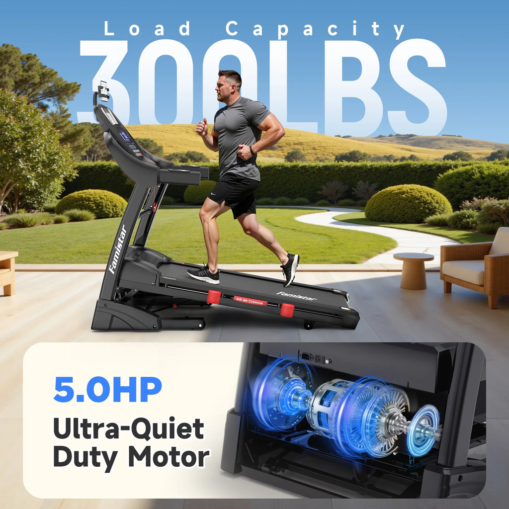 Powerful 5.0HP Folding Treadmill - 15% Auto Incline, Smart APP Control, Bluetooth Speakers, 300Lbs Capacity, 64 Workout Programs, 10MPH Speed, Space-Saving Design - Bonus Knee Strap Included!