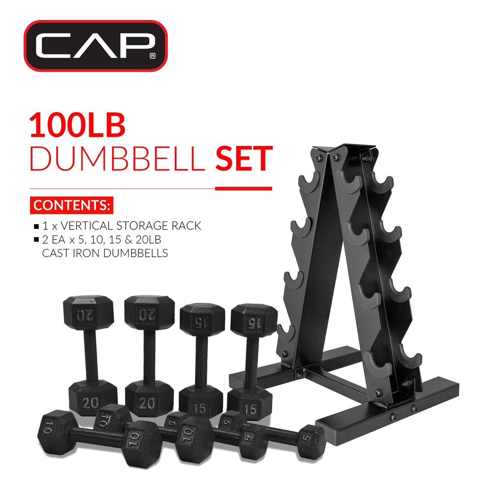 Ultimate 100 lb Cast Iron Hex Dumbbell Weight Set with Convenient Rack - Black Finish