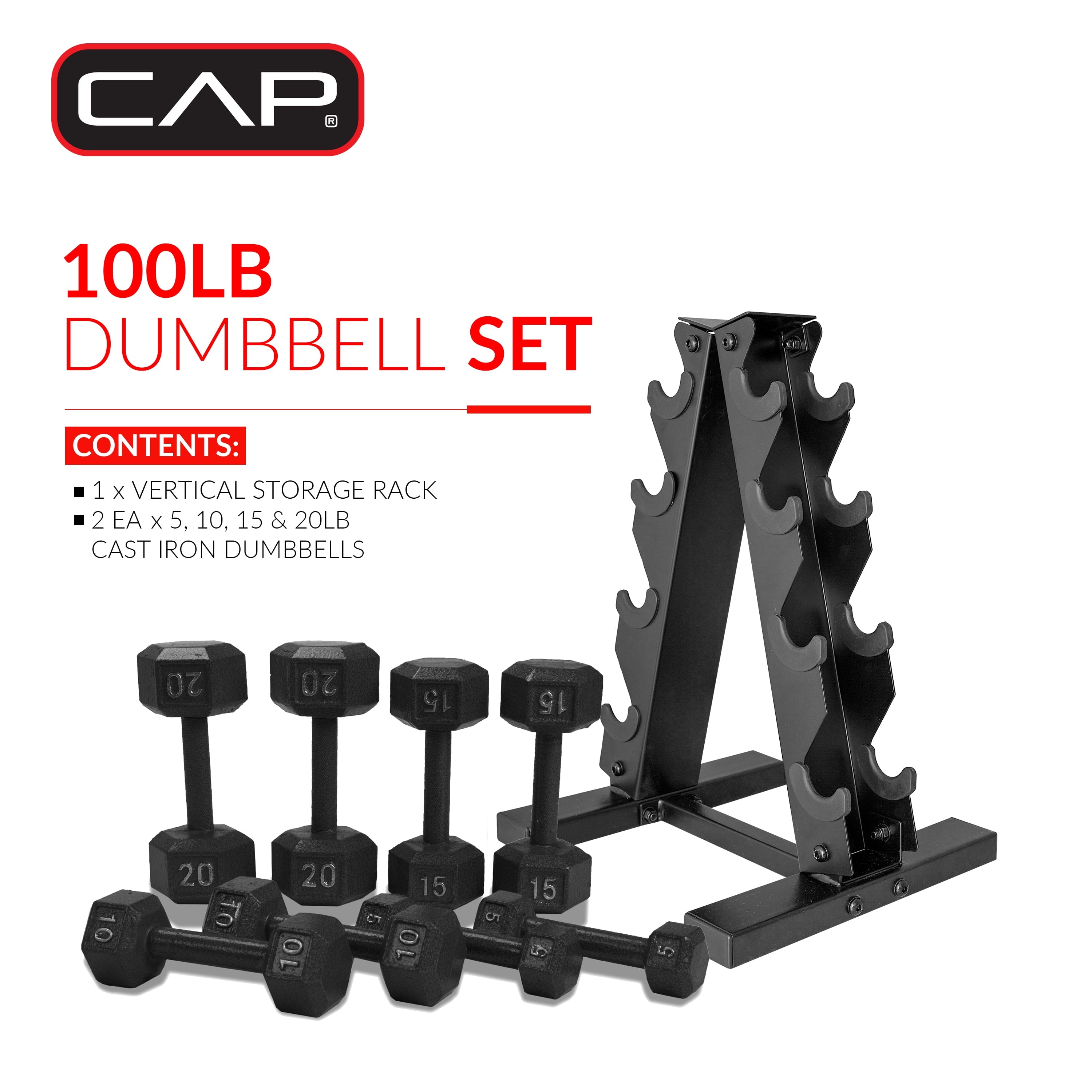 Ultimate 100 lb Cast Iron Hex Dumbbell Weight Set with Convenient Rack - Black Finish