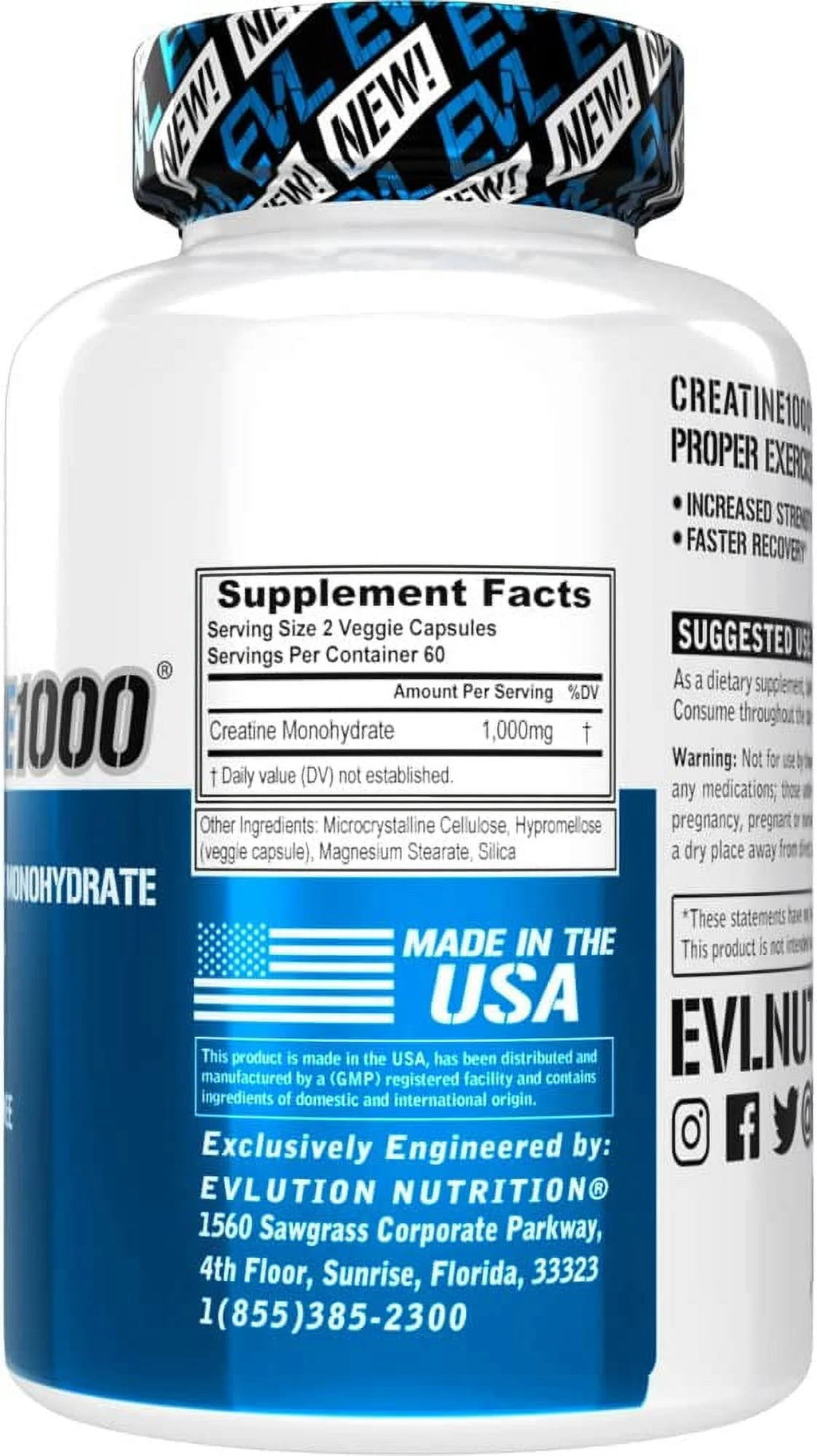 EVL Nutrition Creatine Monohydrate Pills - 2 Pack, 120 Capsules, 1000mg - Muscle Builder & Recovery Supplement