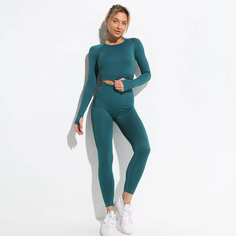 Elevate Your Workout: 2-Piece Seamless Hyperflex Women’s Athletic Set with Long Sleeve Crop Top and High Waist Leggings