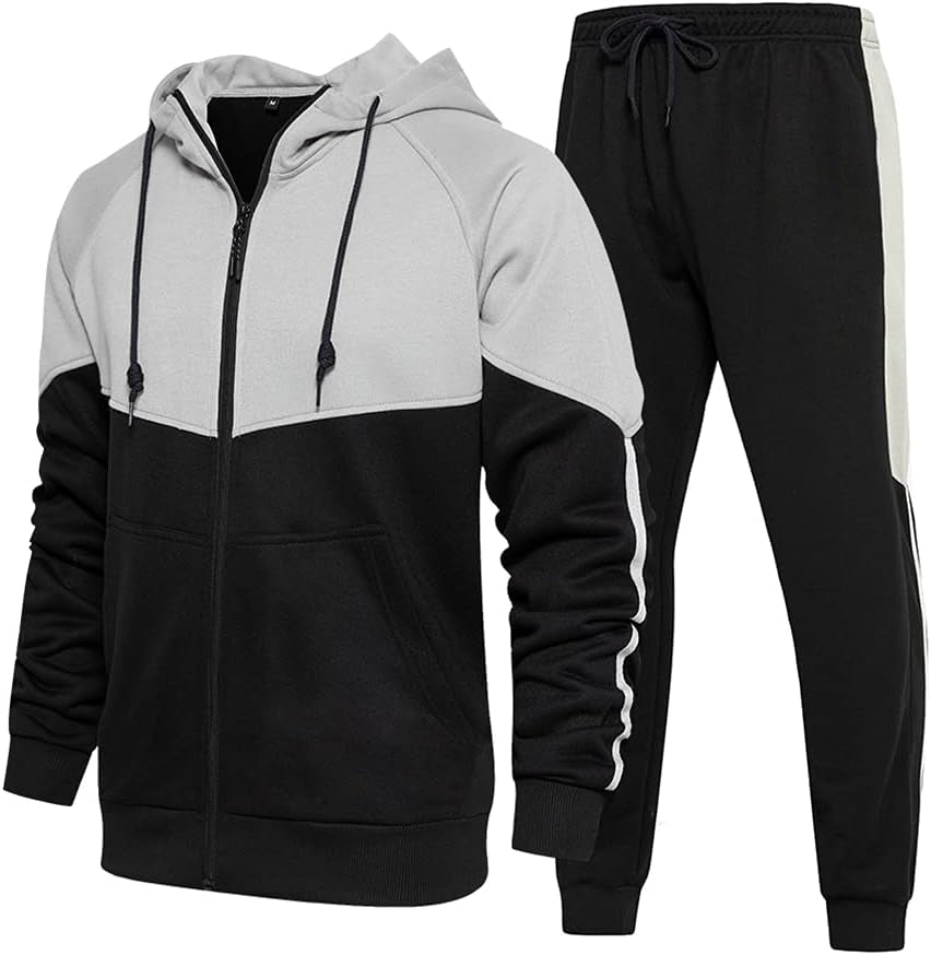 Men's Stylish Hooded Athletic Tracksuit - Full-Zip Jogging Sweatsuit with Trendy Patchwork Design