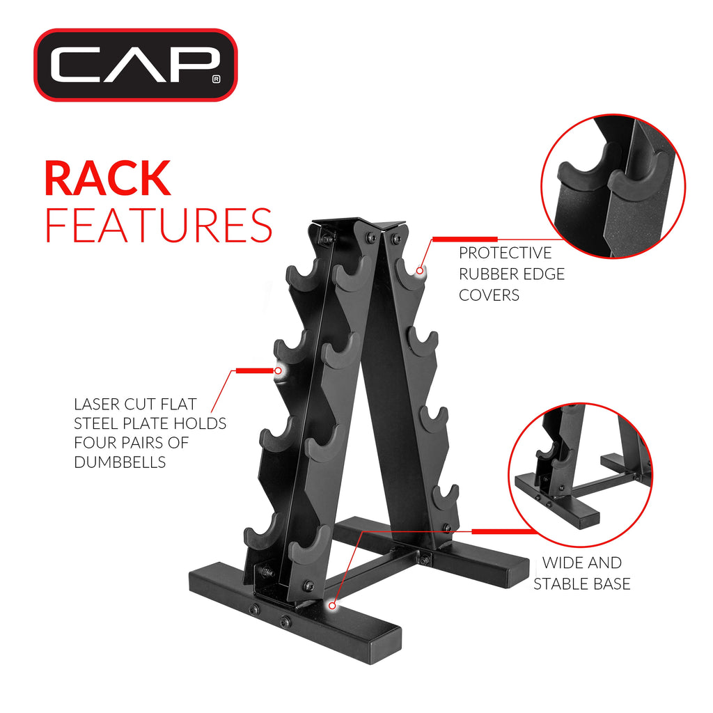 Ultimate 100 lb Cast Iron Hex Dumbbell Weight Set with Convenient Rack - Black Finish
