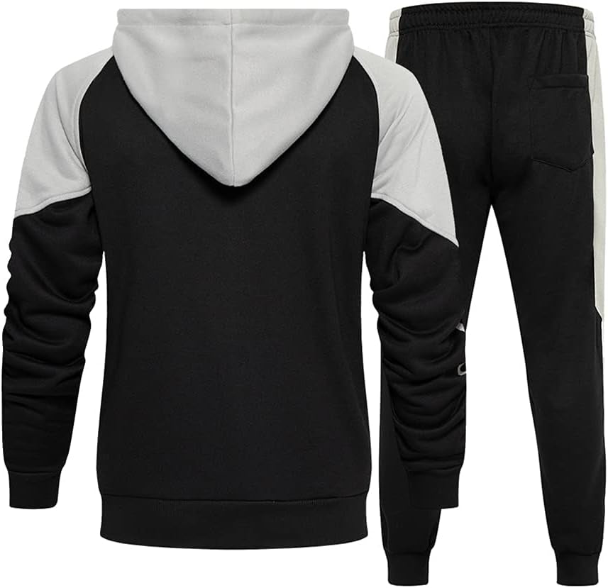 Men's Stylish Hooded Athletic Tracksuit - Full-Zip Jogging Sweatsuit with Trendy Patchwork Design