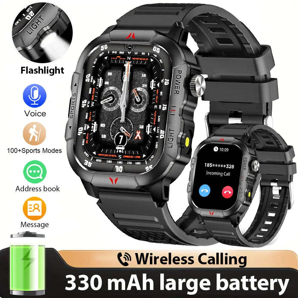 New Smart Watch 2.01 Display Men Sports Watch LED Flashlight Bluetooth Call Health Monitor IP68 Waterproof Smart Watch