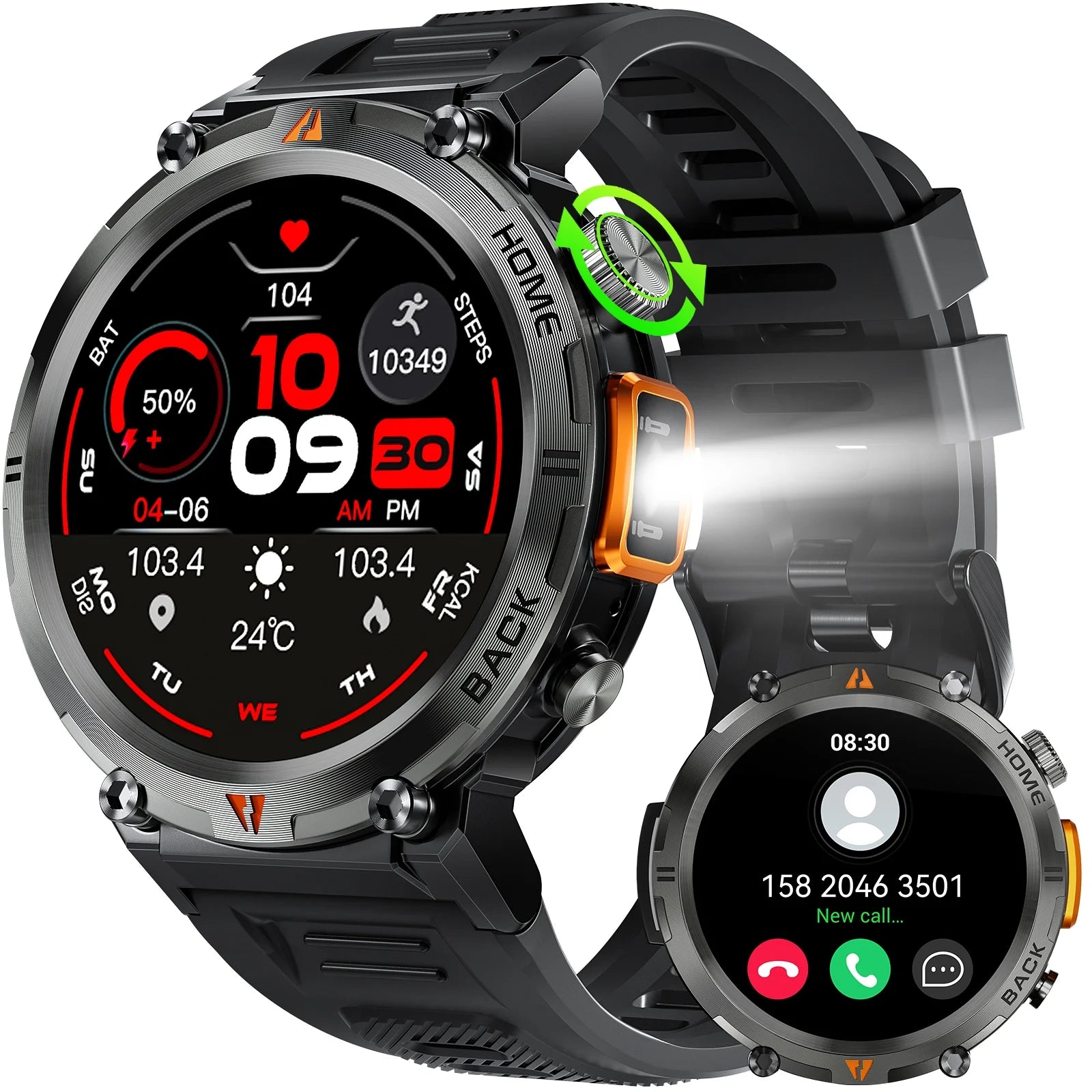 Rugged Smart Watch with Bluetooth - 1.45 Inch Display & Durable Black Sport Band