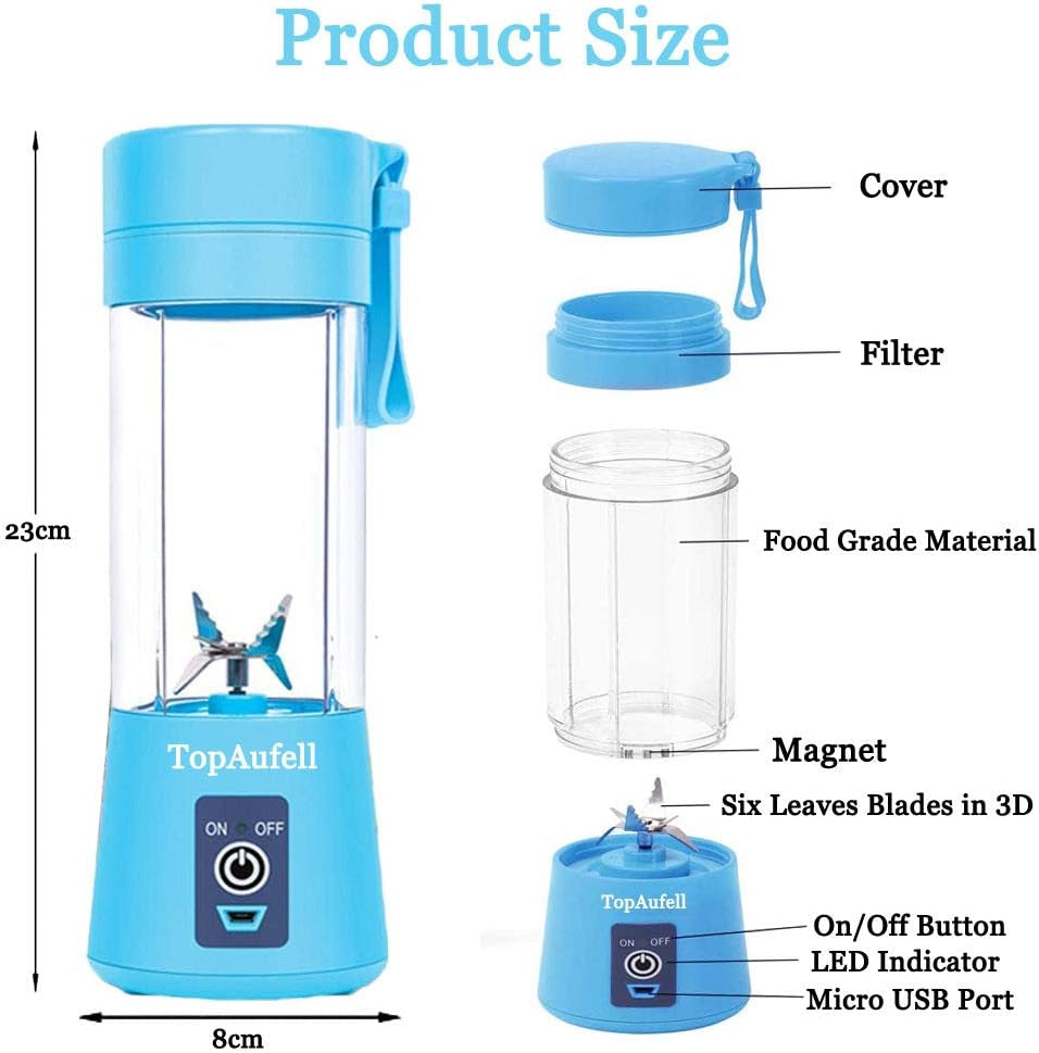 Superb 3D Mixing Portable Blender - 13Oz USB Rechargeable Personal Juicer for Smoothies & Shakes, 2000mAh Powerful Handheld - Blue