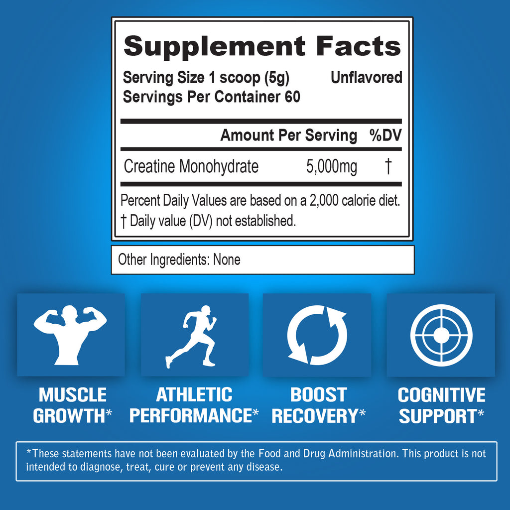 Creatine 5000 - Unflavored Performance Powder for Rapid Recovery & Lean Muscle Growth - 5000mg Pure Creatine Monohydrate per Serving - 60 Servings