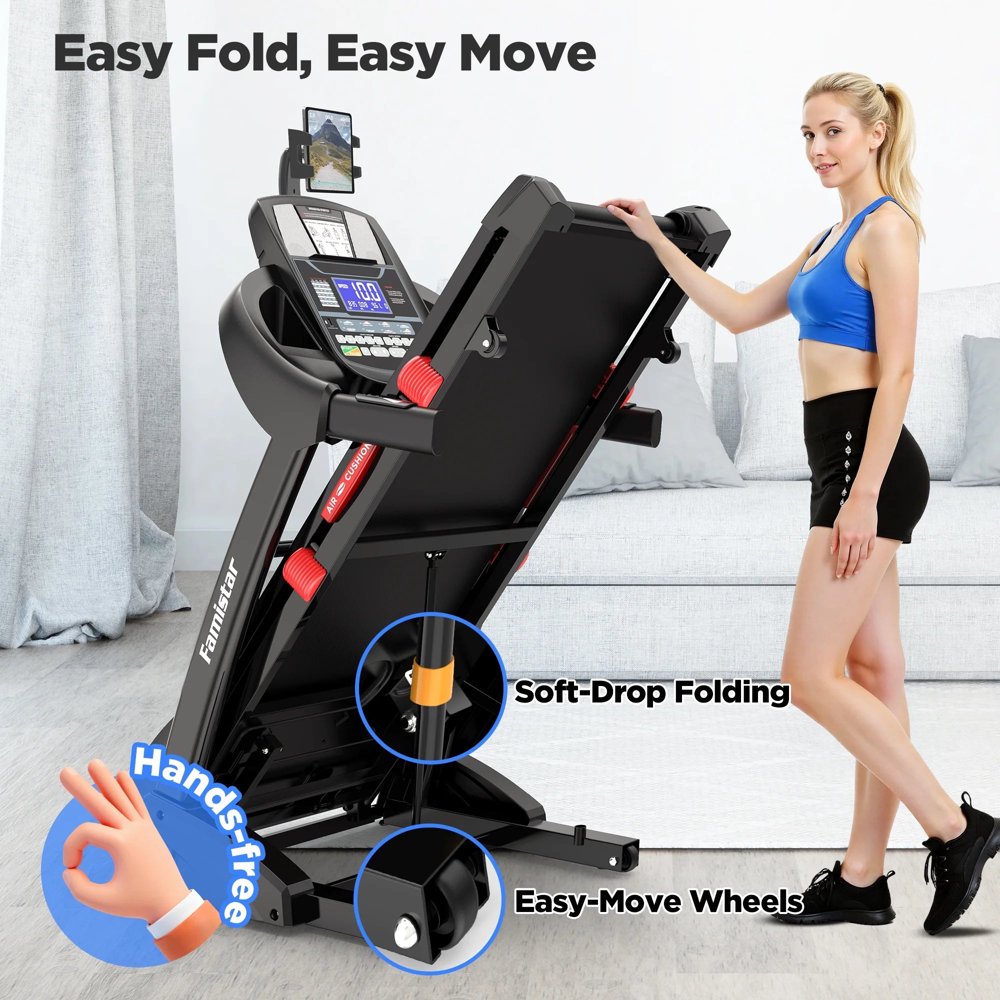 Powerful 5.0HP Folding Treadmill - 15% Auto Incline, Smart APP Control, Bluetooth Speakers, 300Lbs Capacity, 64 Workout Programs, 10MPH Speed, Space-Saving Design - Bonus Knee Strap Included!