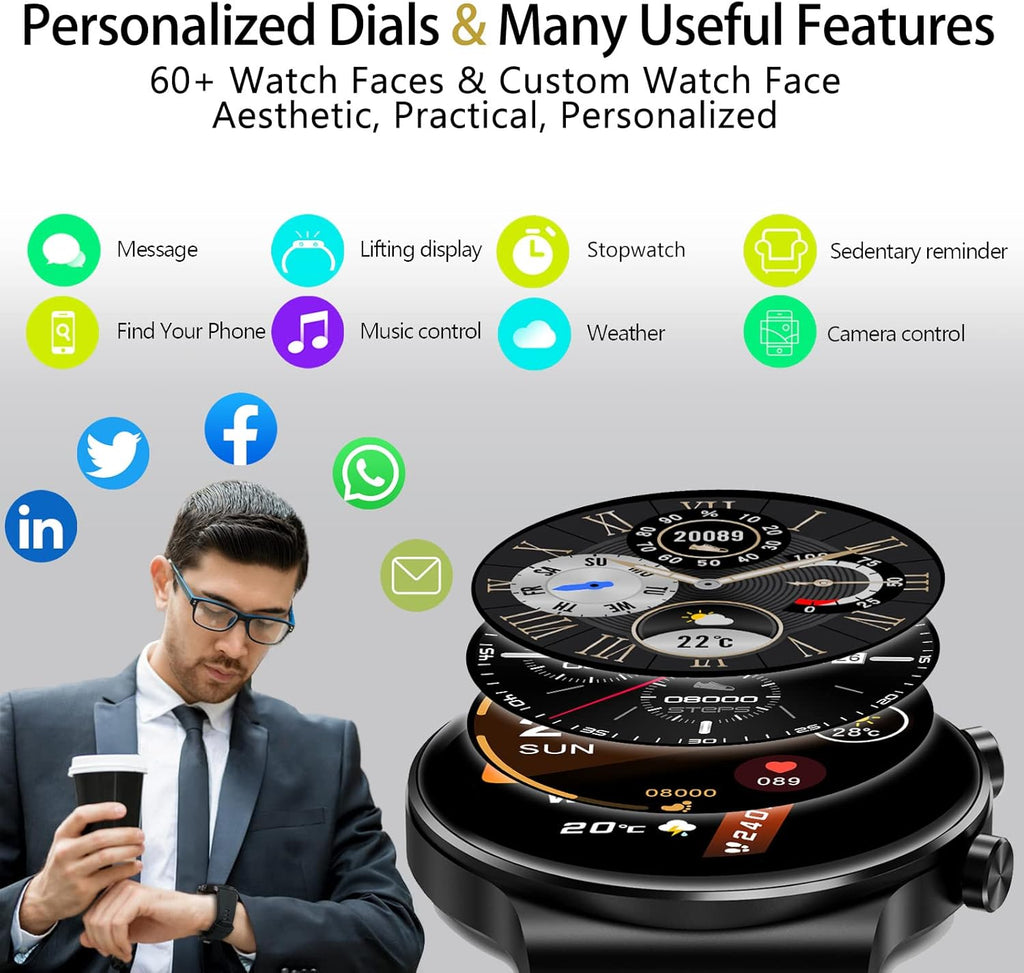 Stylish Men's Smart Watch - Waterproof Fitness Tracker with Heart Rate Monitor, Long Battery Life & Message Alerts - Compatible with Android & iOS (Black)