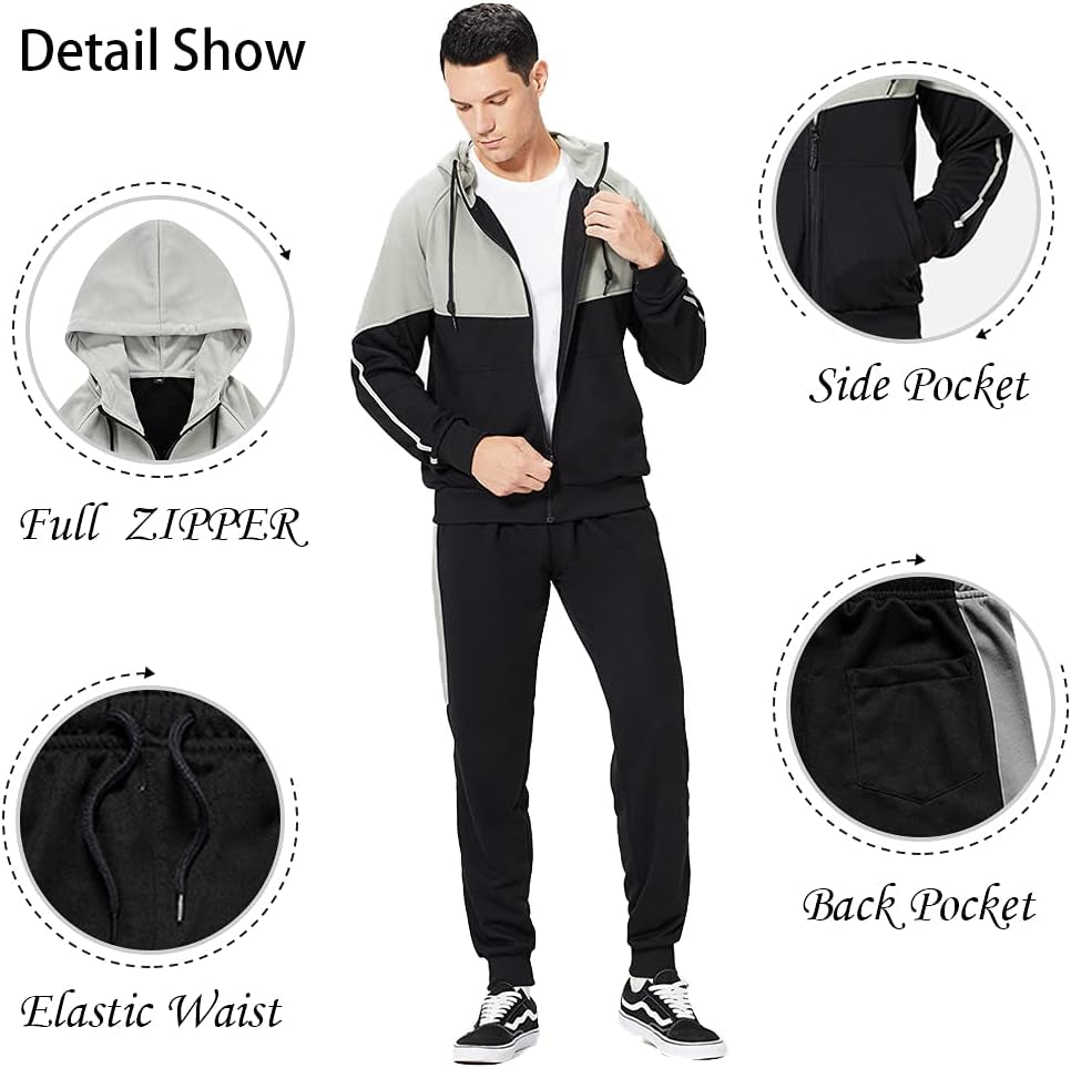Men's Stylish Hooded Athletic Tracksuit - Full-Zip Jogging Sweatsuit with Trendy Patchwork Design