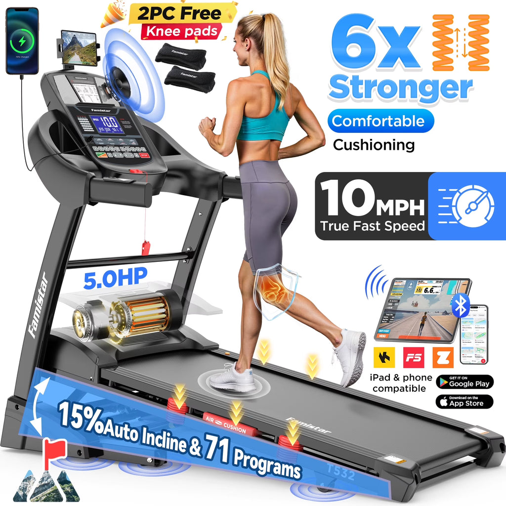 Powerful 5.0HP Folding Treadmill - 15% Auto Incline, Smart APP Control, Bluetooth Speakers, 300Lbs Capacity, 64 Workout Programs, 10MPH Speed, Space-Saving Design - Bonus Knee Strap Included!