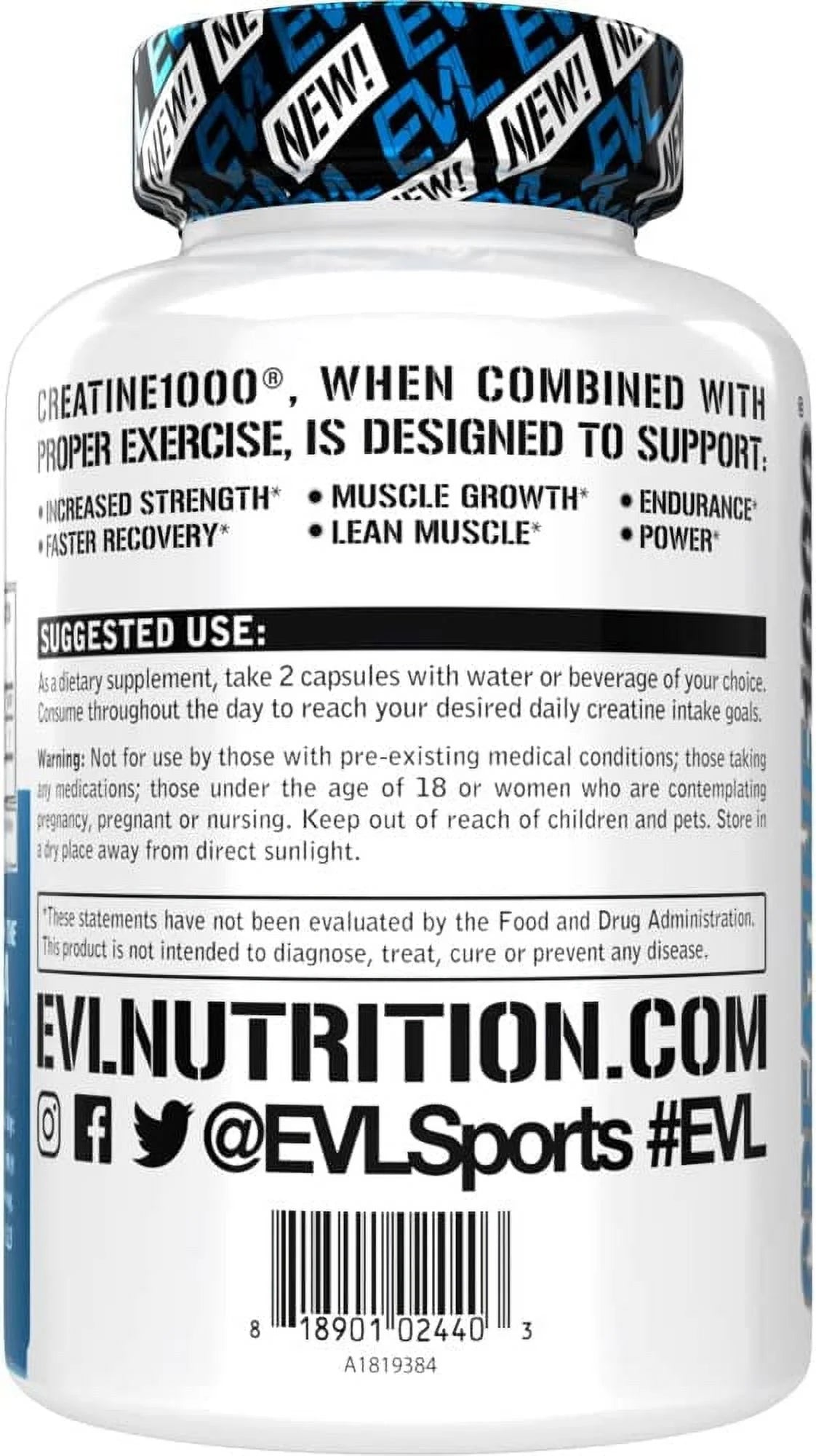 EVL Nutrition Creatine Monohydrate Pills - 2 Pack, 120 Capsules, 1000mg - Muscle Builder & Recovery Supplement