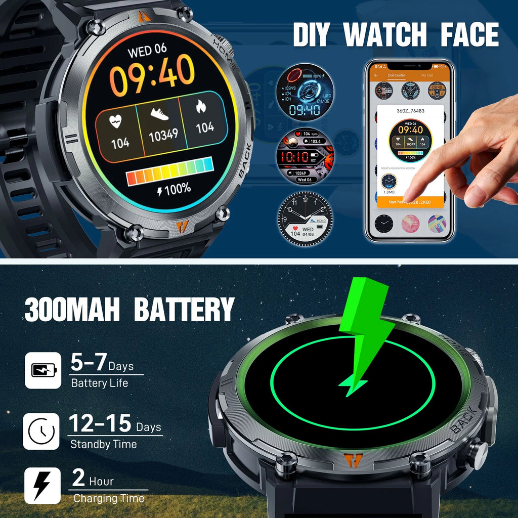 Rugged Smart Watch with Bluetooth - 1.45 Inch Display & Durable Black Sport Band