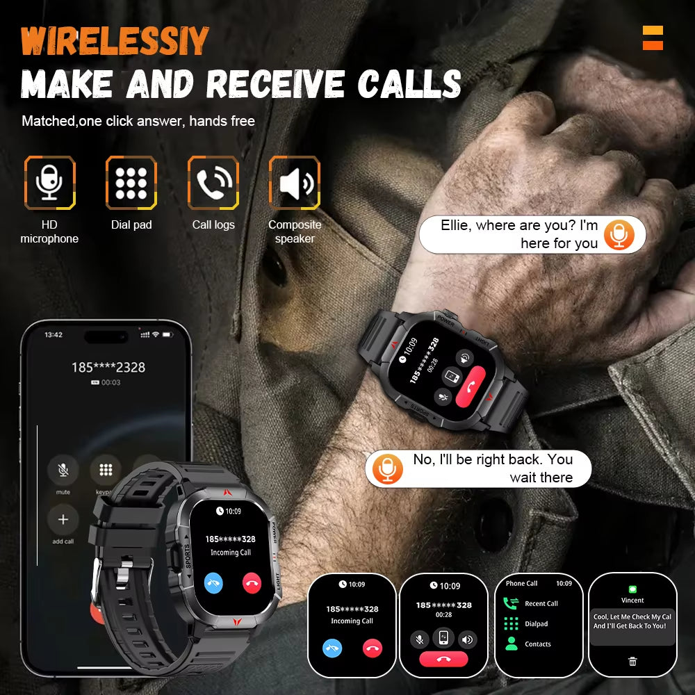 New Smart Watch 2.01 Display Men Sports Watch LED Flashlight Bluetooth Call Health Monitor IP68 Waterproof Smart Watch