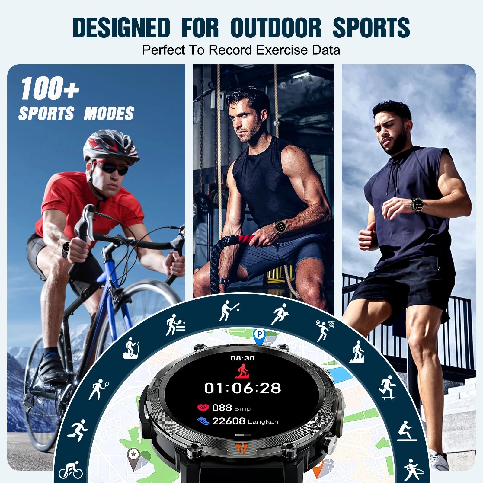 Rugged Smart Watch with Bluetooth - 1.45 Inch Display & Durable Black Sport Band