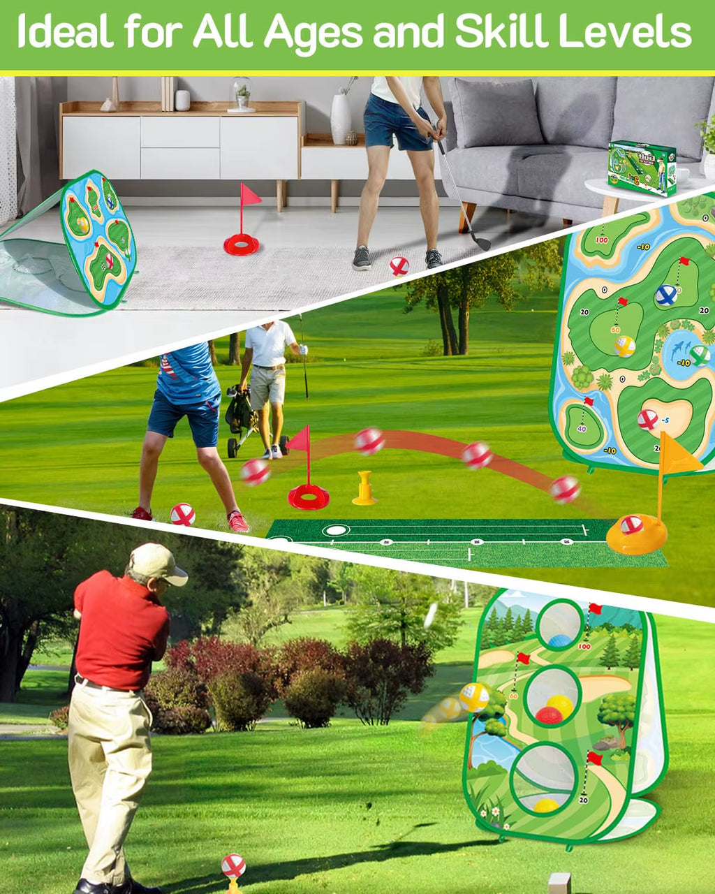 Ultimate 4-in-1 Golf Game Set for Kids and Adults - Putting Mat & 3-Sided Chipping Net for Fun Practice Anywhere!