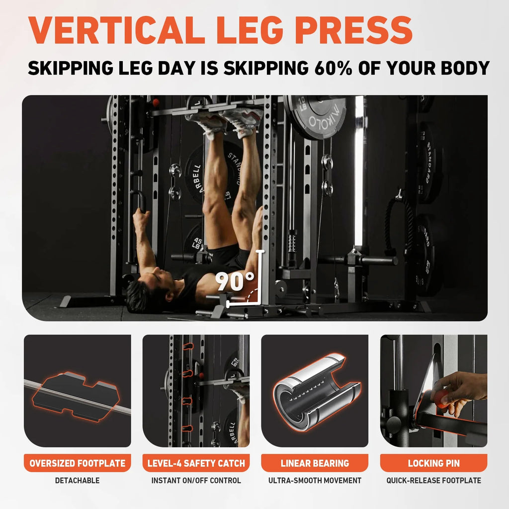 All-In-One Smith Machine Power Rack with Vertical Leg Press & Dual Pulley System – 2000LBS Capacity for Ultimate Home Gym Experience
